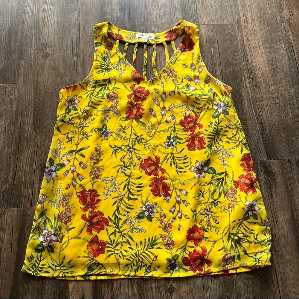 Faith & Joy Yellow Floral Print Tank Top with Strappy Back Sz M